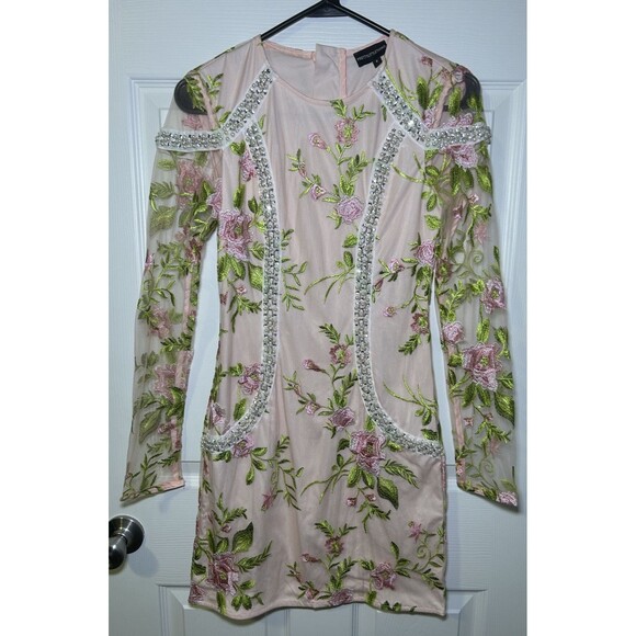 Pretty Little Thing Rhinestone Pearl & Mesh Floral Bodycon Mini Dress Size 6 - Picture 1 of 6